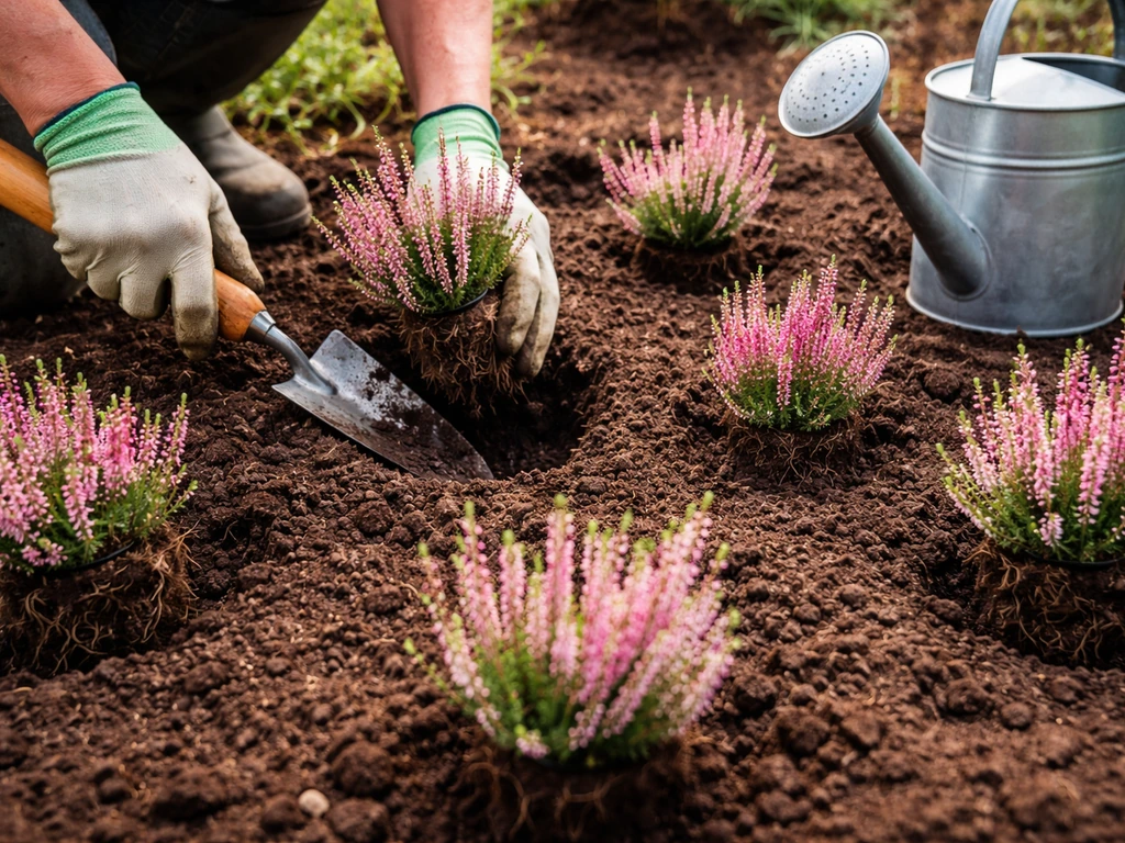 Planting heather in spring with spacing in prepared acidic soil