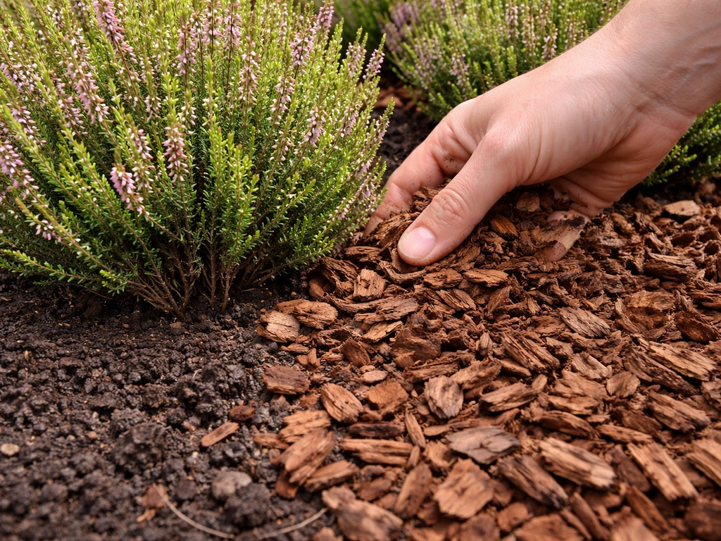 Mulching heather with pine bark around crowns