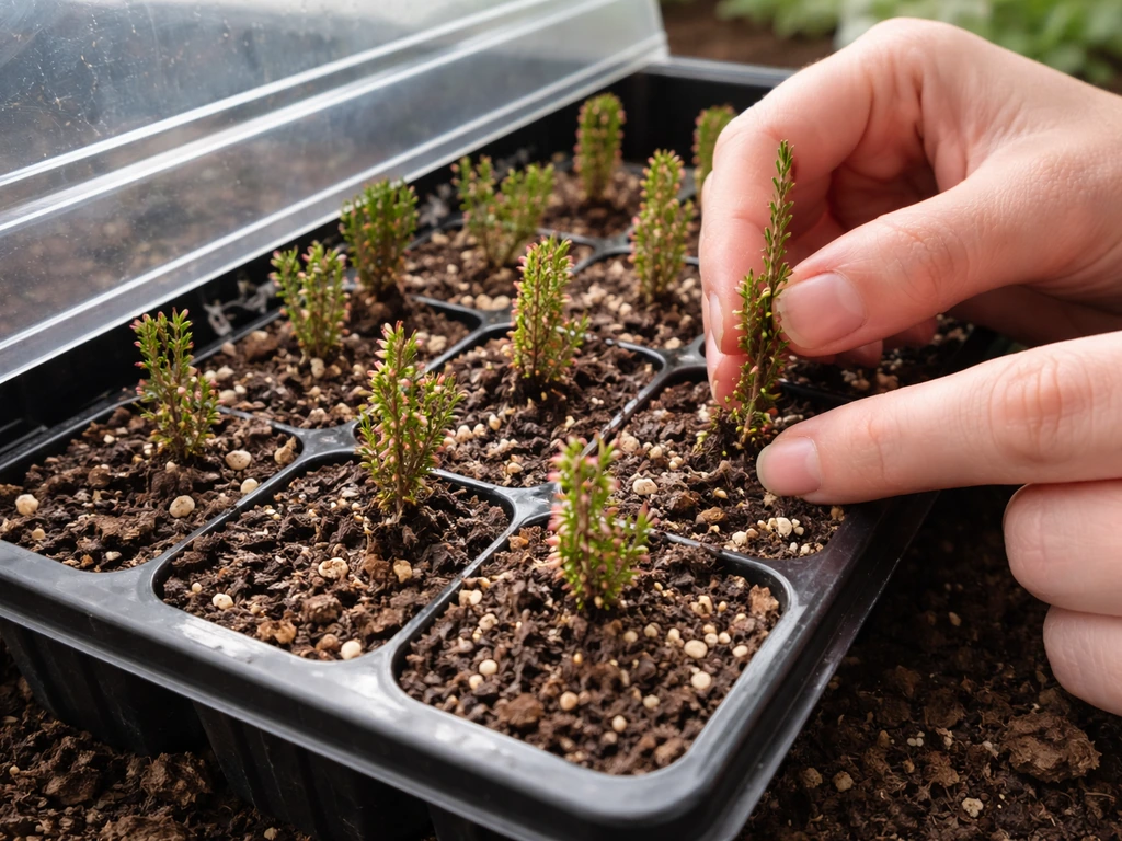 Heather cuttings with rooting tips in a tray for propagation