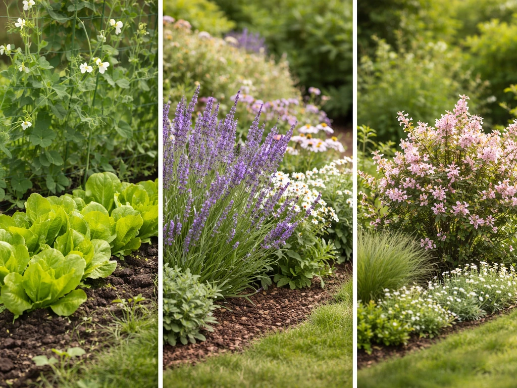 Minimal collage showing UK garden border with lettuce and peas, flowering perennials, and a small shrub
