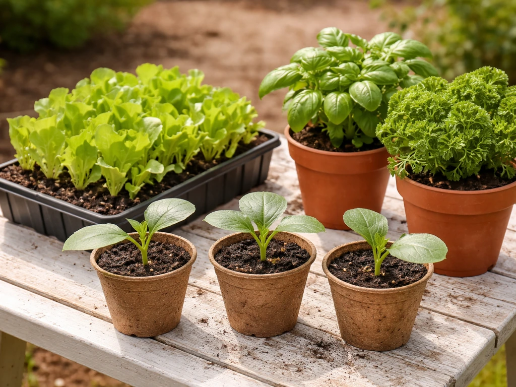 Neat assortment of courgette, lettuce, and herb seedlings in small pots on a garden table.