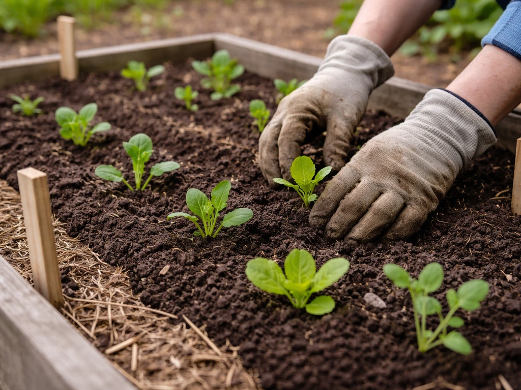 Gloved hands planting lettuce/spinach/pea seedlings in a raised garden bed outdoors in spring