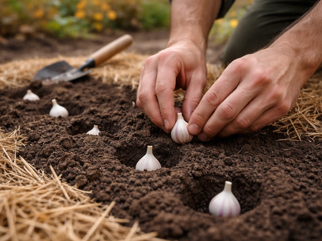 Garlic bulbs being planted into prepared soil with straw mulch protecting the bed