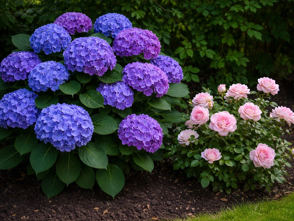 Hydrangeas and rose blossoms side by side in a tidy British garden border, fresh natural morning light.