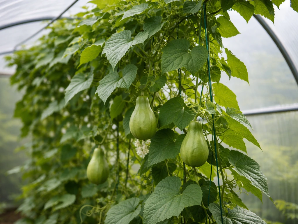 Chayote vine thriving in a UK polytunnel with trellis support and visible fruits.