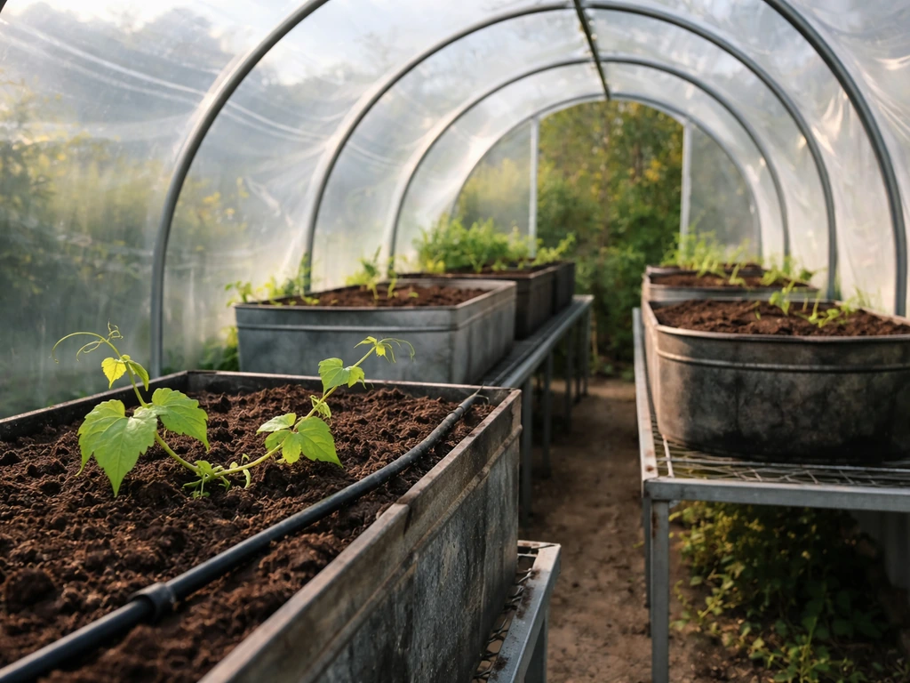 Chayote-growing polytunnel with clear plastic cover and containers on raised benches in UK-style garden.