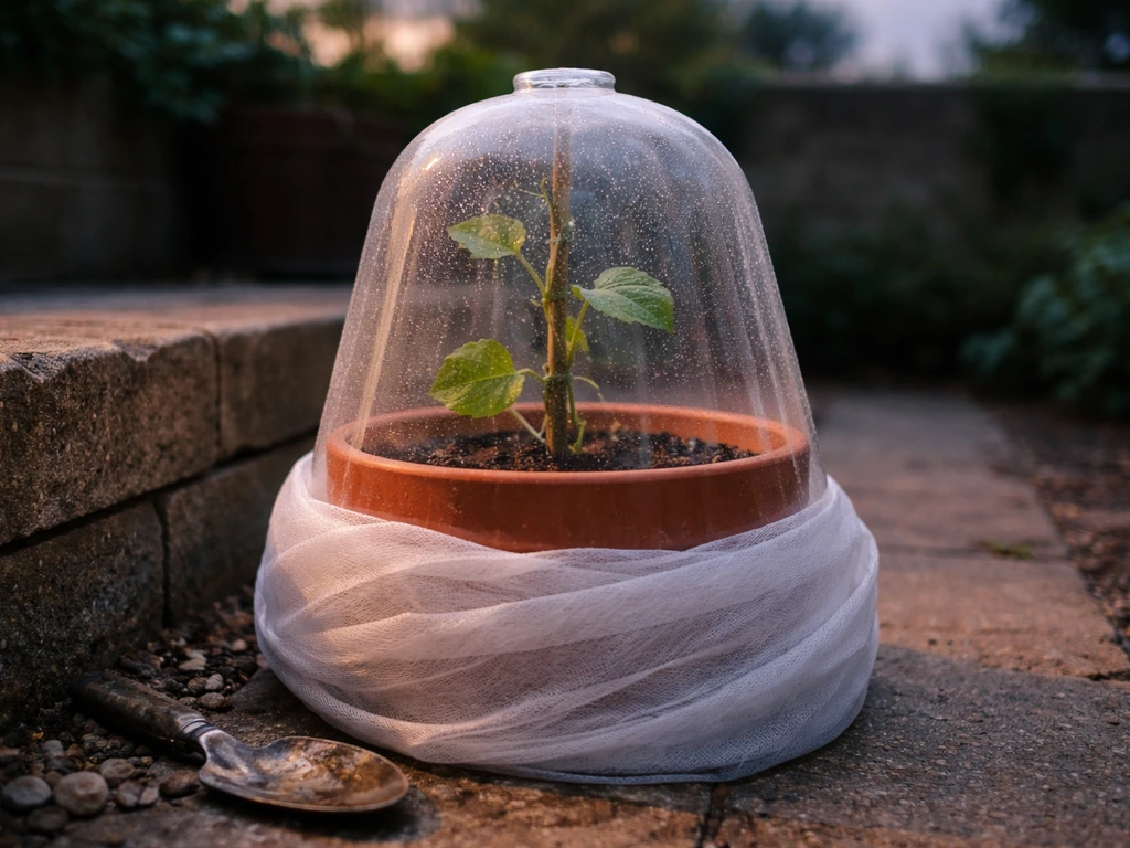 Young chayote plant in a pot outdoors, covered with frost cloth under a cloche at dusk