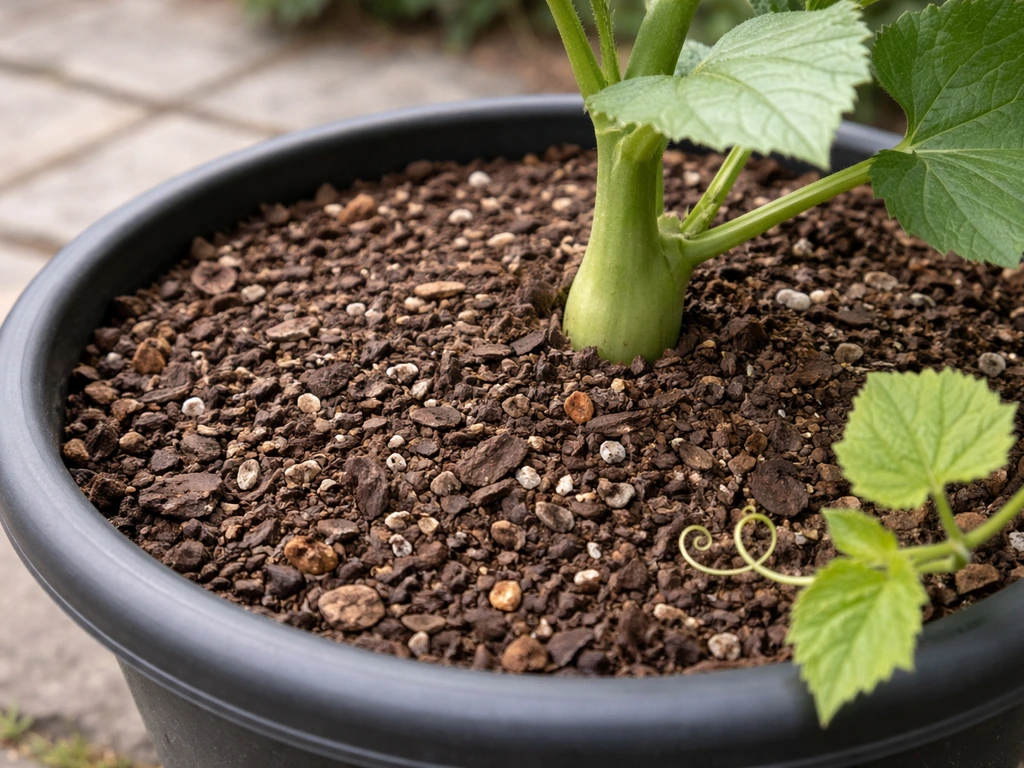 Close-up of chayote container with loose, well-draining potting mix and no standing water