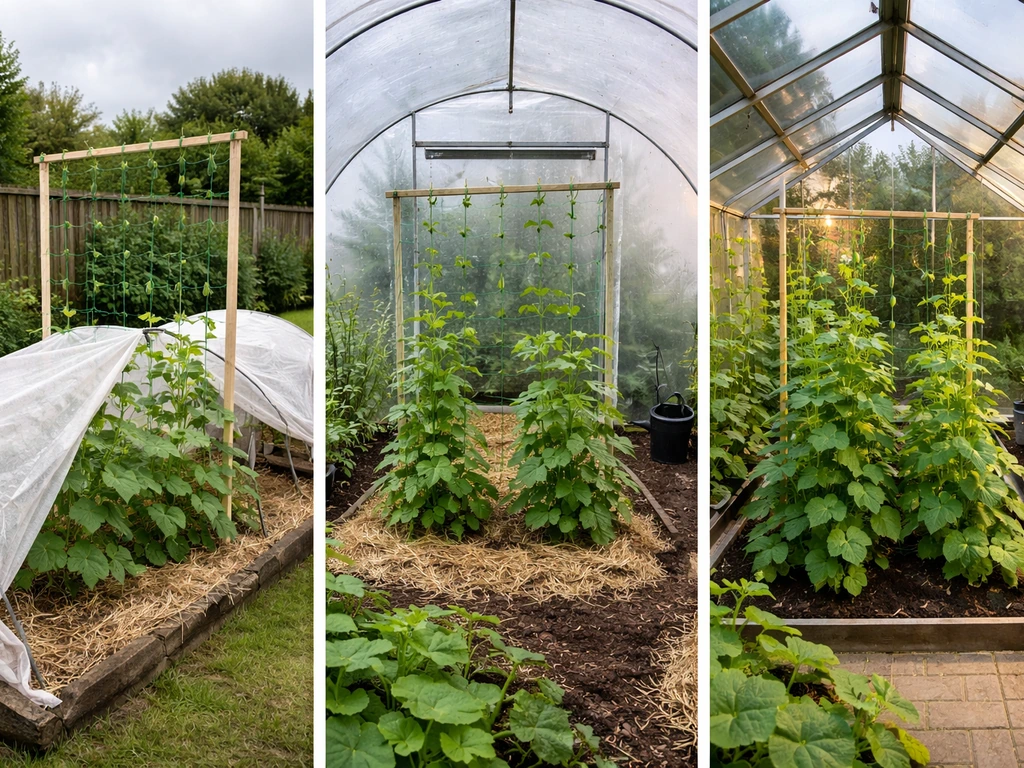 Three simple UK garden setups outdoors, polytunnel, and heated greenhouse for chayote-style growing.
