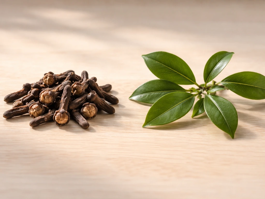 Fresh clove spice buds beside a leafy clove branch on a simple tabletop.