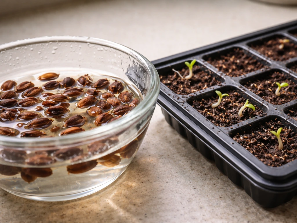 Clove tree seeds soaked in water and sprouting in a simple germination tray.