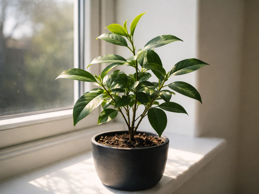 Clove tree in a UK container on a windowsill, basking in bright south-facing winter light.