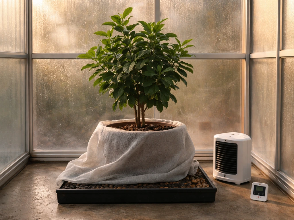 A potted clove tree inside a heated greenhouse with protective cover and humidity tray for winter survival