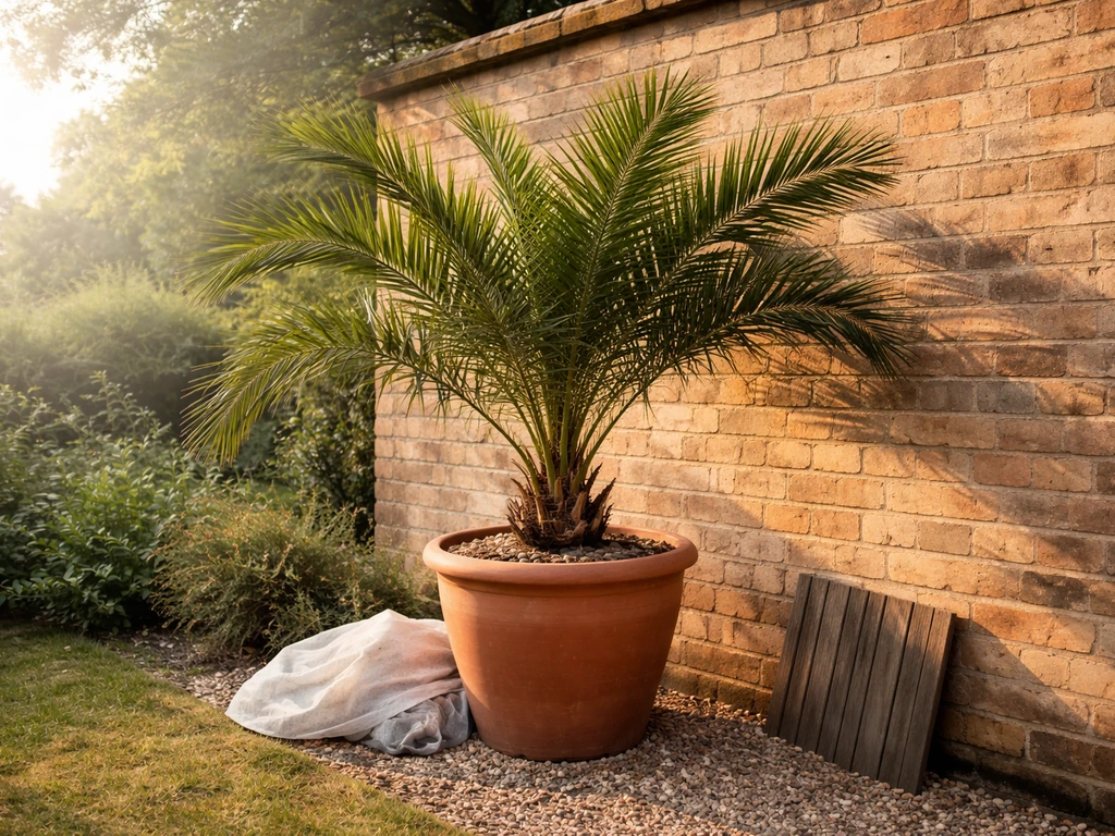 Potted date palm against a south-facing brick wall in an English garden with frost protection fleece nearby.