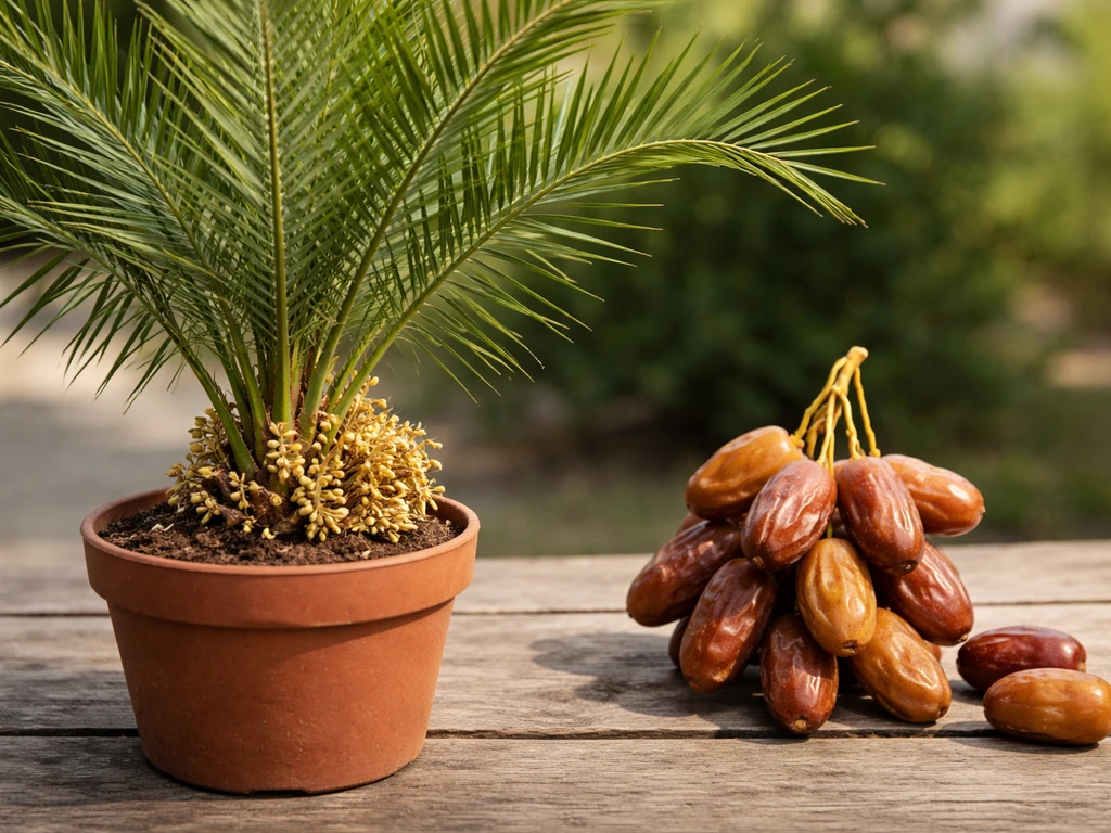 Close-up of a date palm with fronds next to hanging ripe dates on a simple wooden surface.