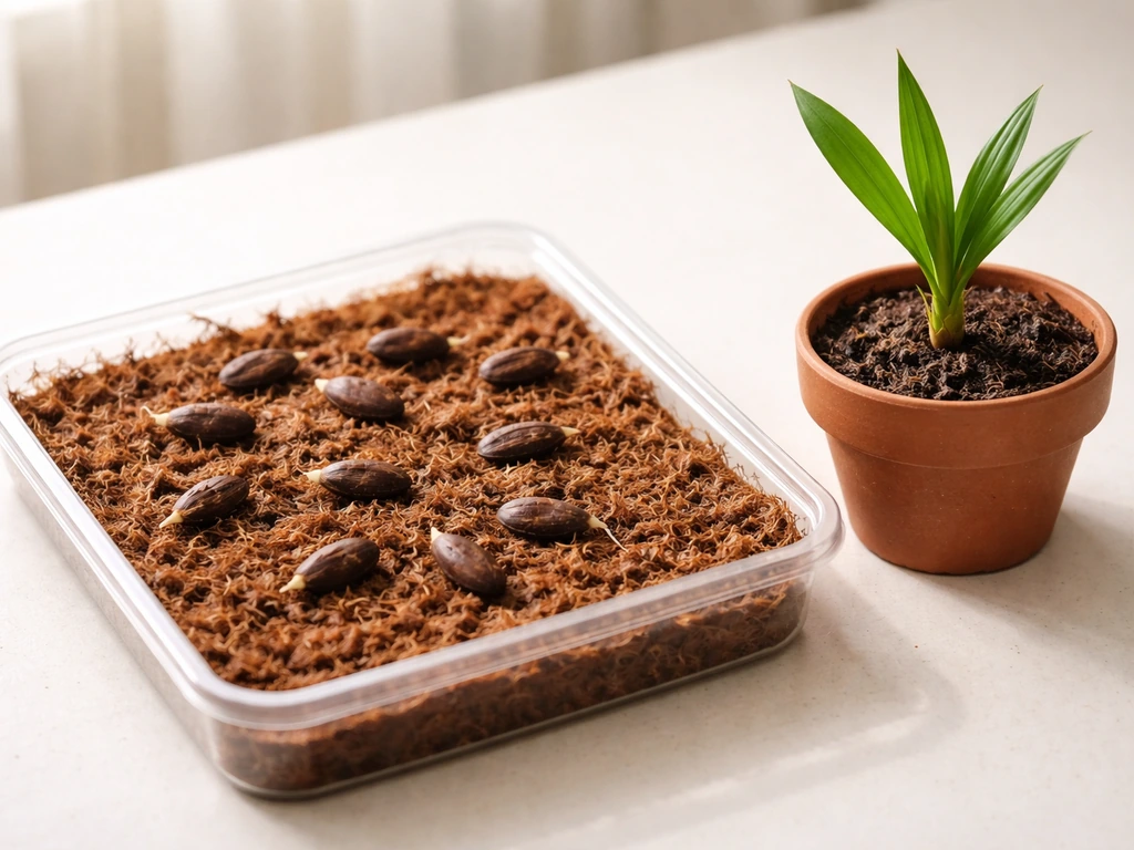 Close-up of date palm seeds in propagation medium next to a young Phoenix dactylifera plant in a small pot.
