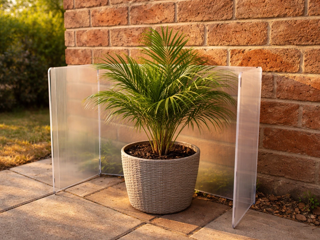 Container palm near a south-facing brick wall with heat-retaining paving and a simple windbreak.