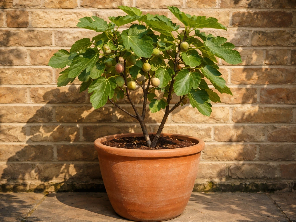Fig tree in a large container against a warm brick wall, with visible summer figs in a UK garden.
