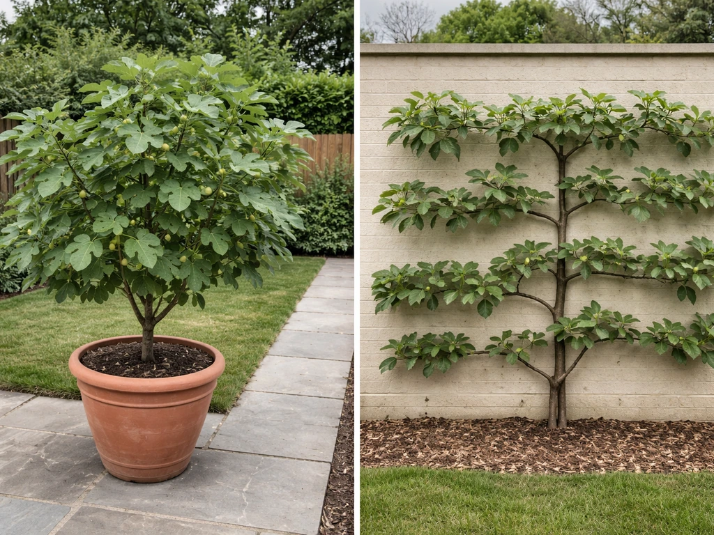 Two fig-growing setups: a potted hardy fig beside an outdoor wall-trained fig in a UK garden.
