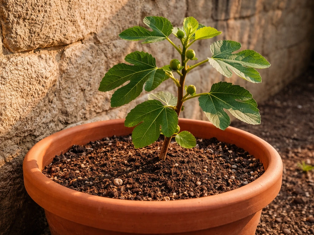 Young fig tree in a large pot beside a warm south-facing garden wall with well-drained soil mix