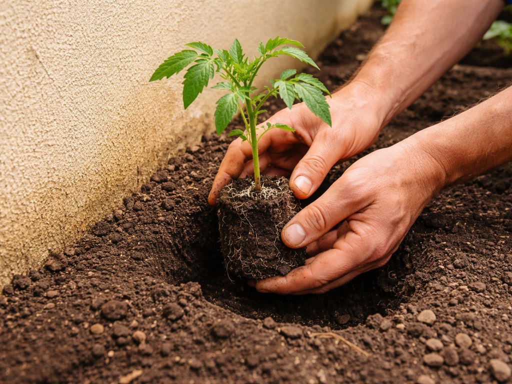 Gardener’s hands angle a young plant’s rootball in a shallow hole near a wall with correct spacing.