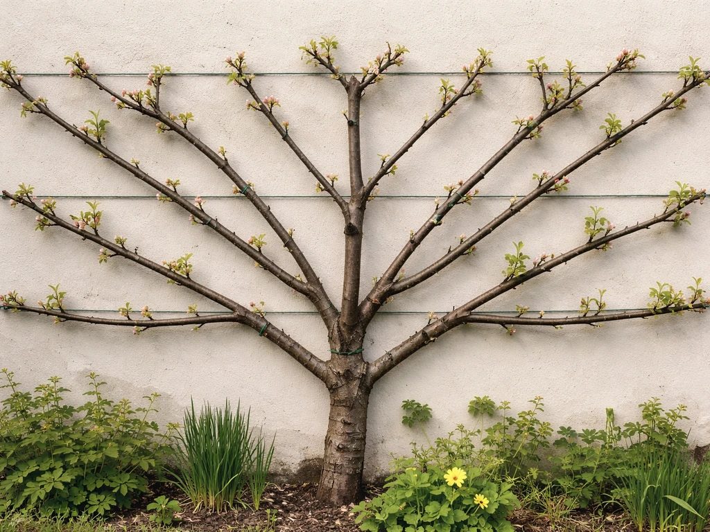Garden fan-trained fruit tree branches tied flat against a wall in early spring