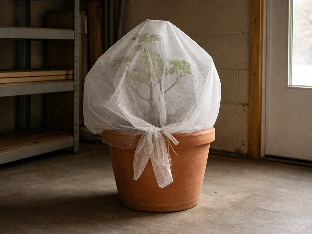Potted fig in a frost-free garage/shed with frost cloth draped over the plant container