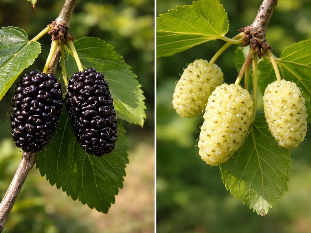 Side-by-side macro closeups of black mulberry dark fruit and white mulberry pale fruit with leaves.