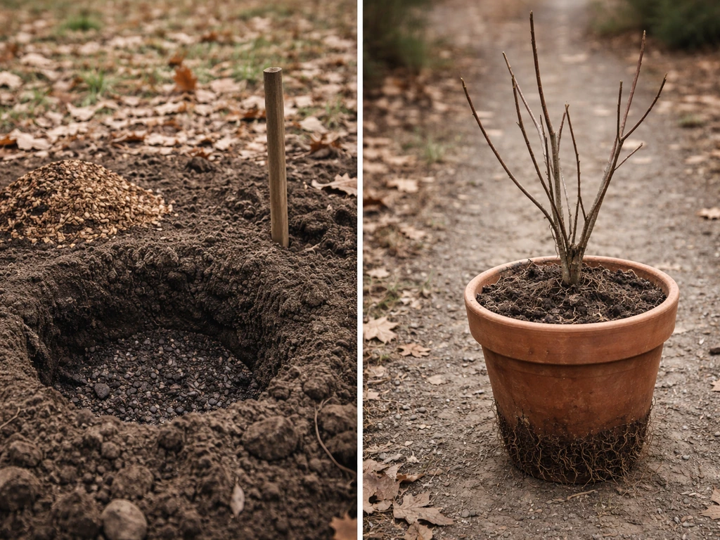 Split outdoor scene: prepared in-ground mulberry hole with compost left; dormant potted mulberry ready to plant right.