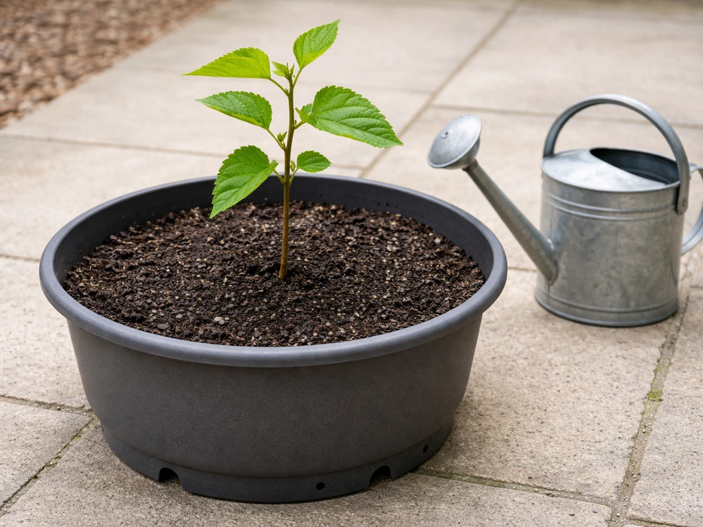 Large pot with drainage holes filled with loamy mix, mulberry sapling staged for container growing.