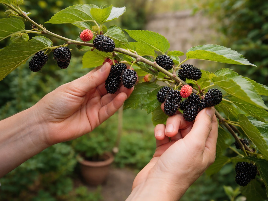 Gardener’s hands inspecting ripe black mulberries on a branch in a sheltered UK garden, late summer.
