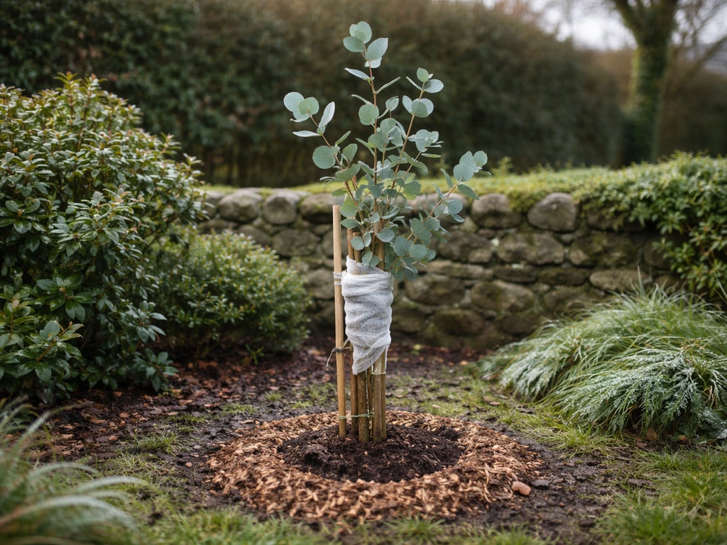Young eucalyptus tree in a sheltered southern Irish garden with winter greenery and trunk protection wrap.