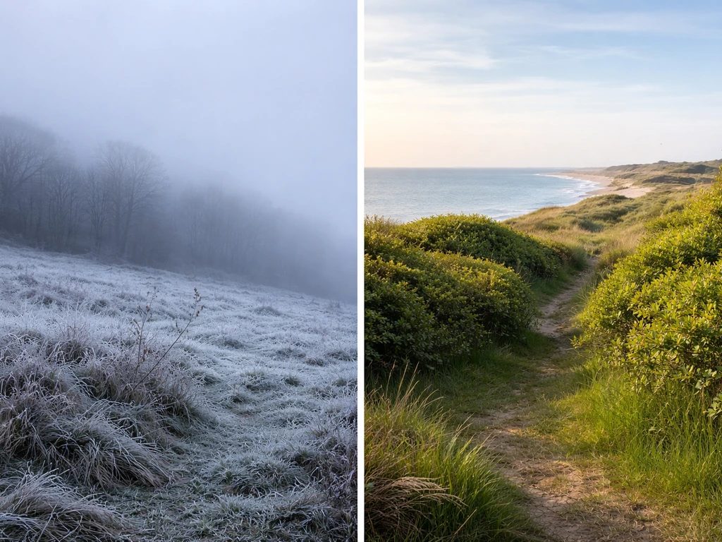 Split landscape view showing a frost-prone inland hill and a sheltered coastal grove for eucalyptus survival.