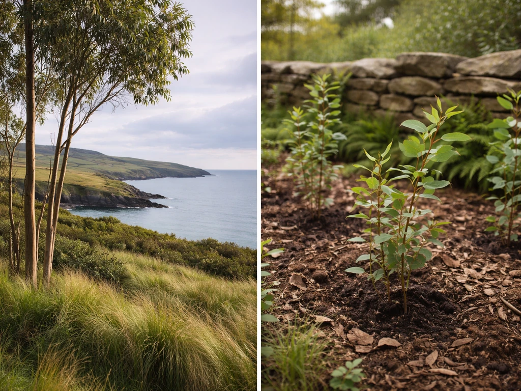 Irish coastal eucalyptus grove in sheltered southern/western landscape with close-up of wind-protected planting.