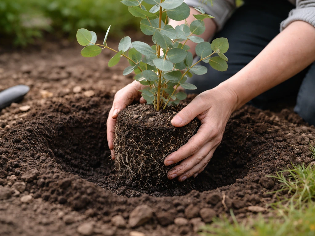 Hands placing a potted eucalyptus tree at the correct depth with moist soil around the base.
