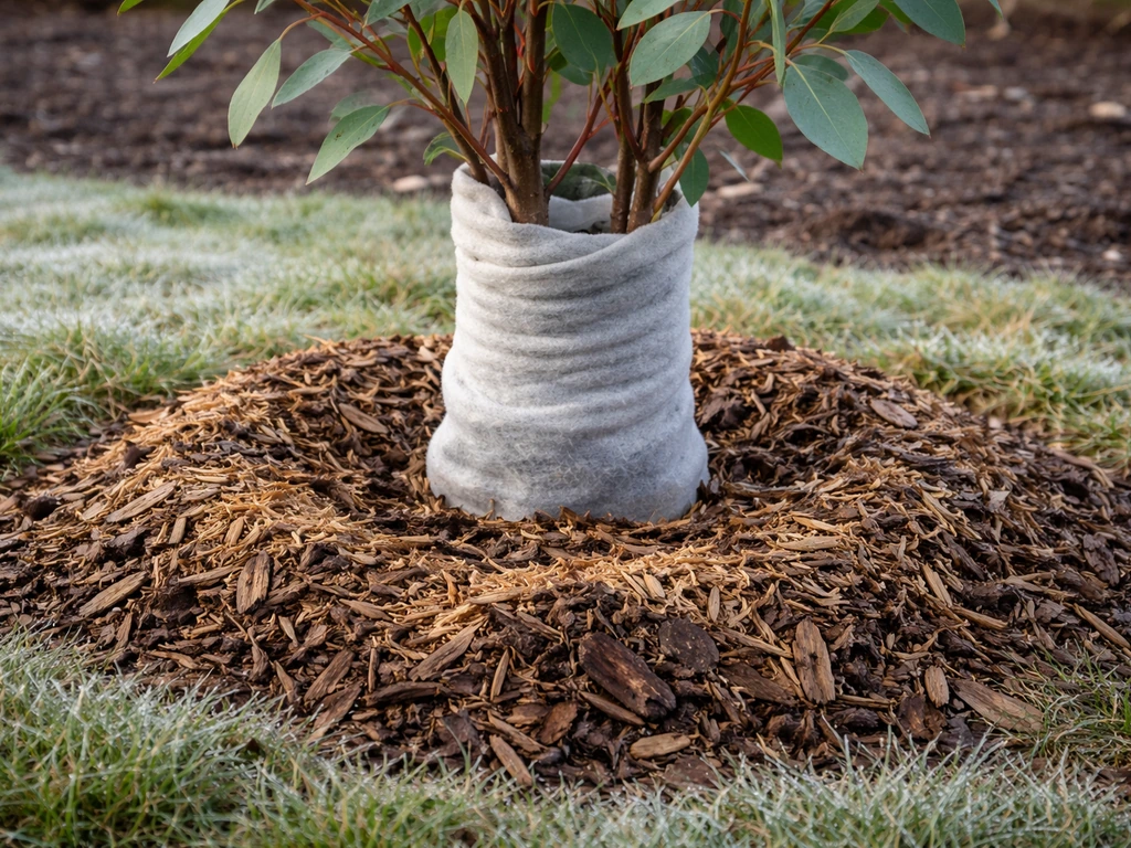 Young eucalyptus protected with a thick mulch ring and wrapped covering beside frosty grass.