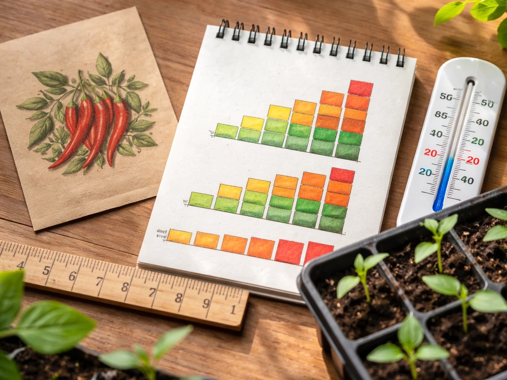 Seeds and a thermometer setup highlighting days-to-maturity for UK-outdoor chillies.