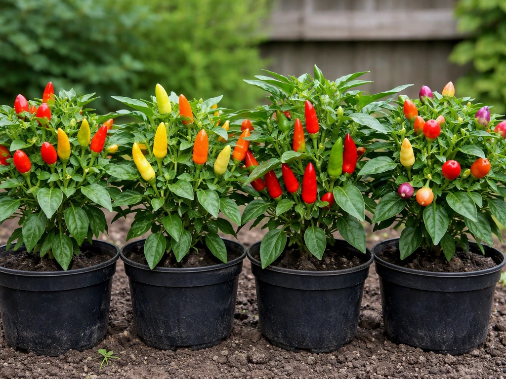 Multiple early-maturing chilli varieties outdoors with visible ripening pods.
