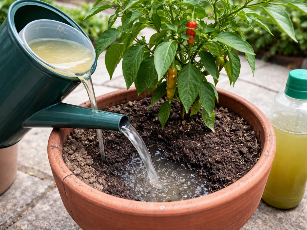 Watering and feeding a potted chilli plant for reliable outdoor ripening.