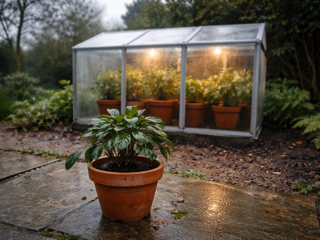 Potted gardenias in cool misty UK patio contrasted with a clear plastic shelter showing warmer, humid protection.