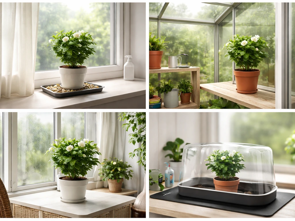 Four garden setups in one photo-style collage: windowsill, greenhouse, conservatory, and a heated mini propagation area.