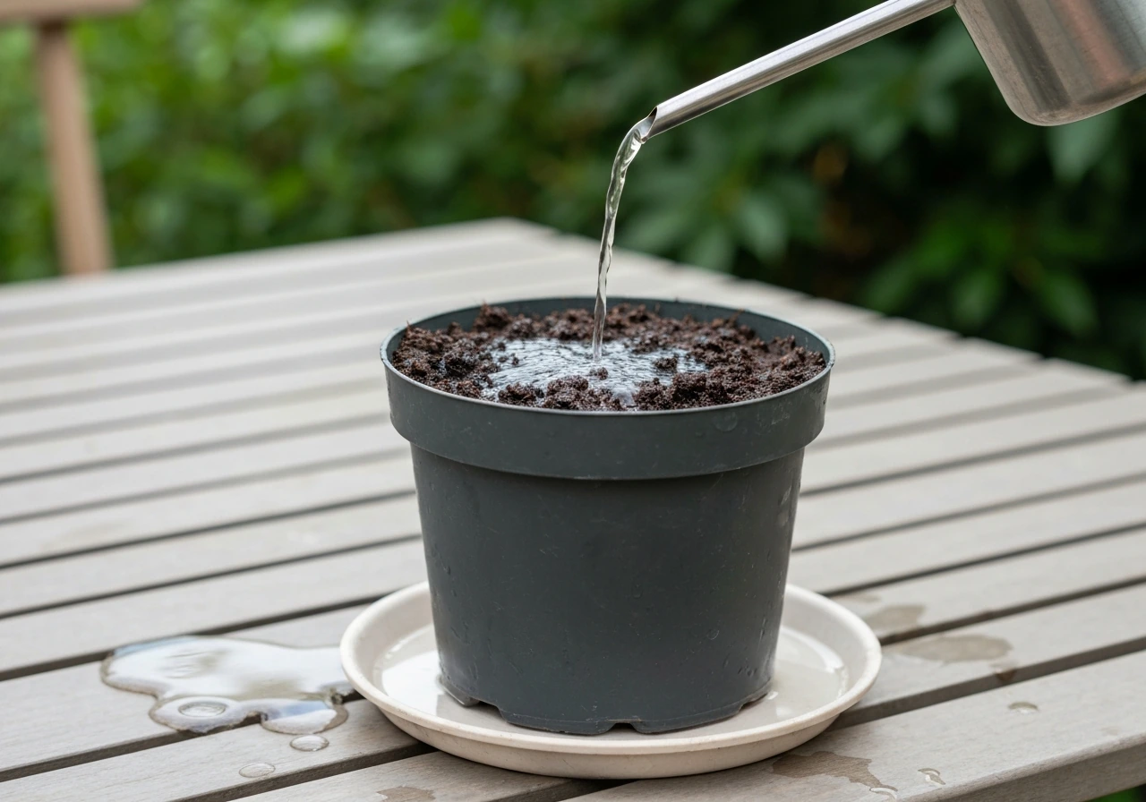 Close-up of a watering can pouring onto gardenia compost in a draining saucer, moist but not waterlogged