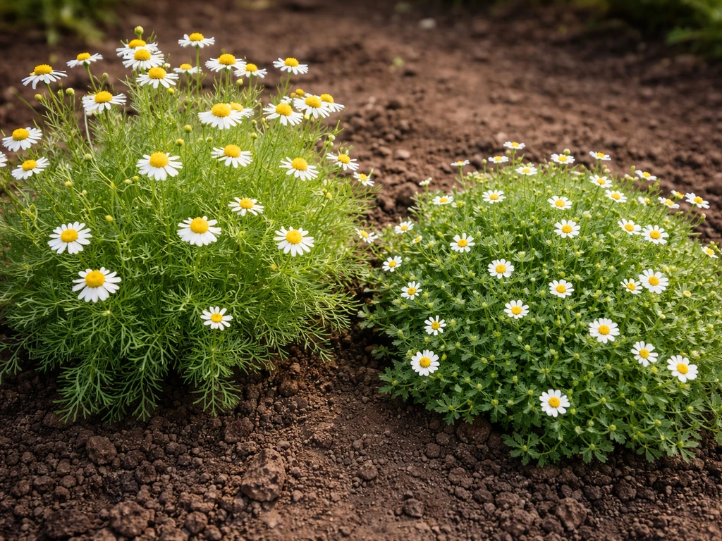 Close side-by-side view of German and Roman chamomile plants with small daisy-like flowers in a garden bed.