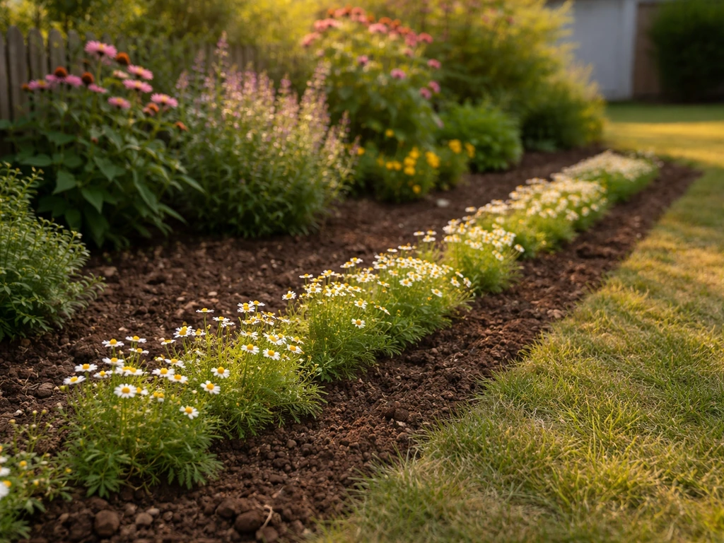 Chamomile plants along a sunny south-facing garden border with warm sunlight and soft shadows.