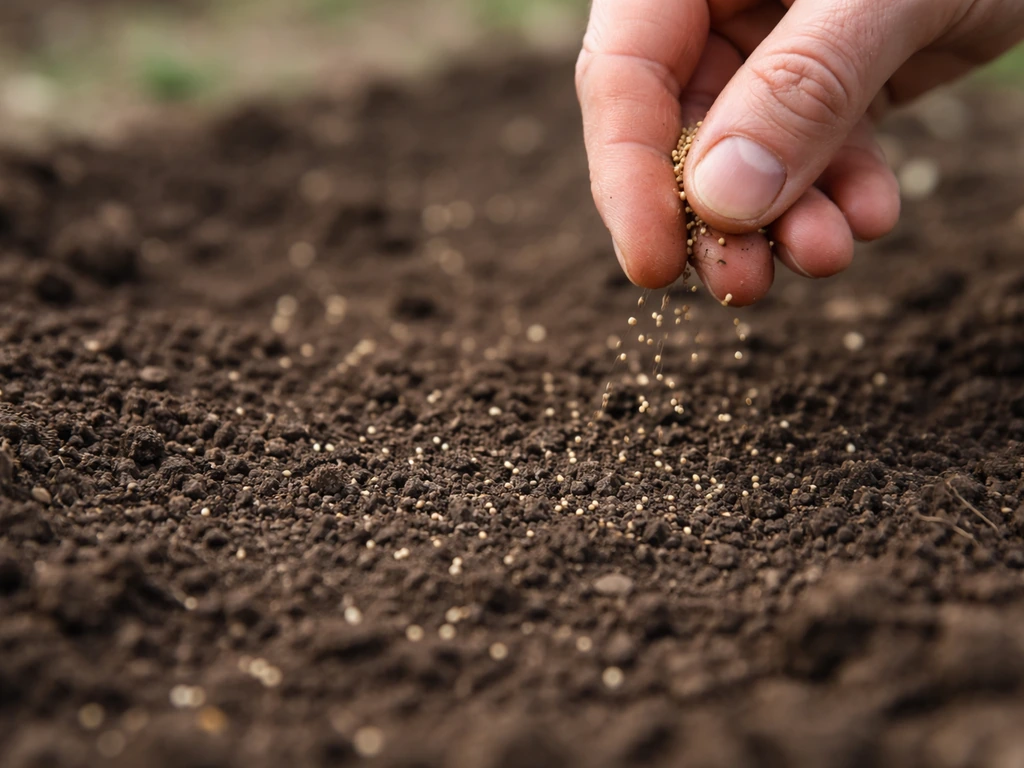 Close-up of hands scattering chamomile seeds thinly on the soil surface in early spring garden bed.