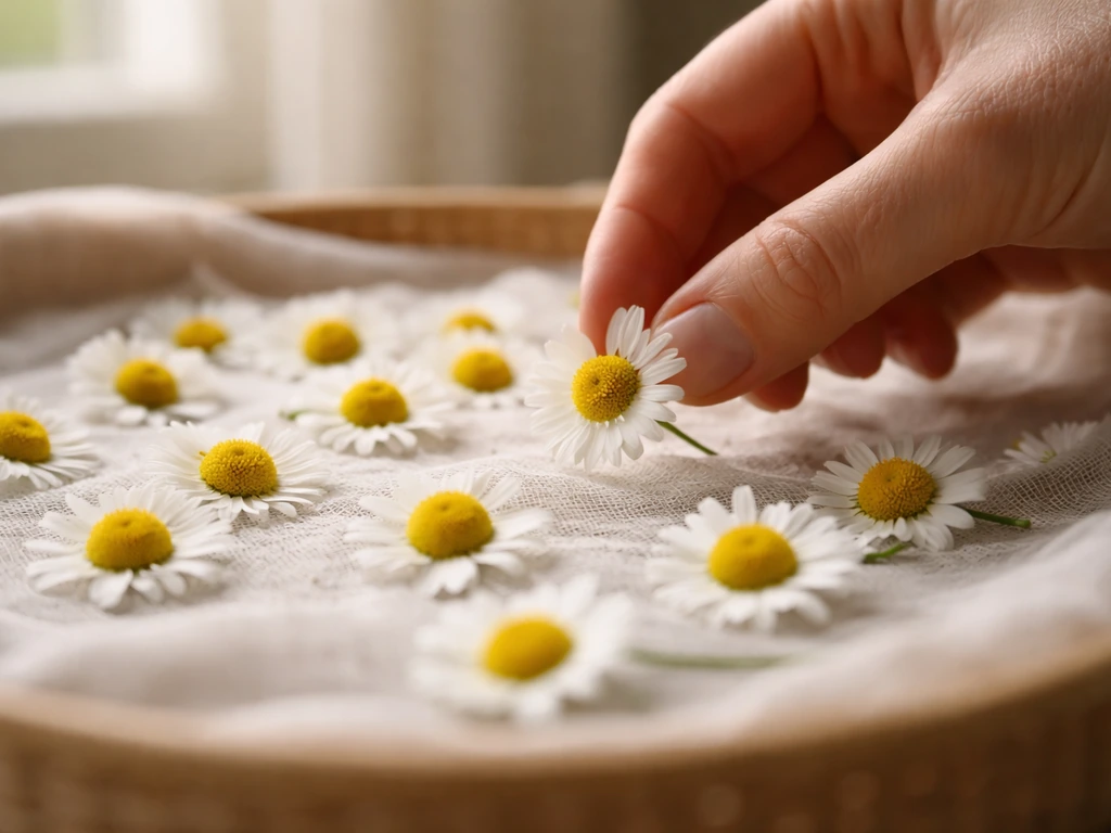 Freshly picked chamomile blossoms laid out on a drying tray, petals open for tea.