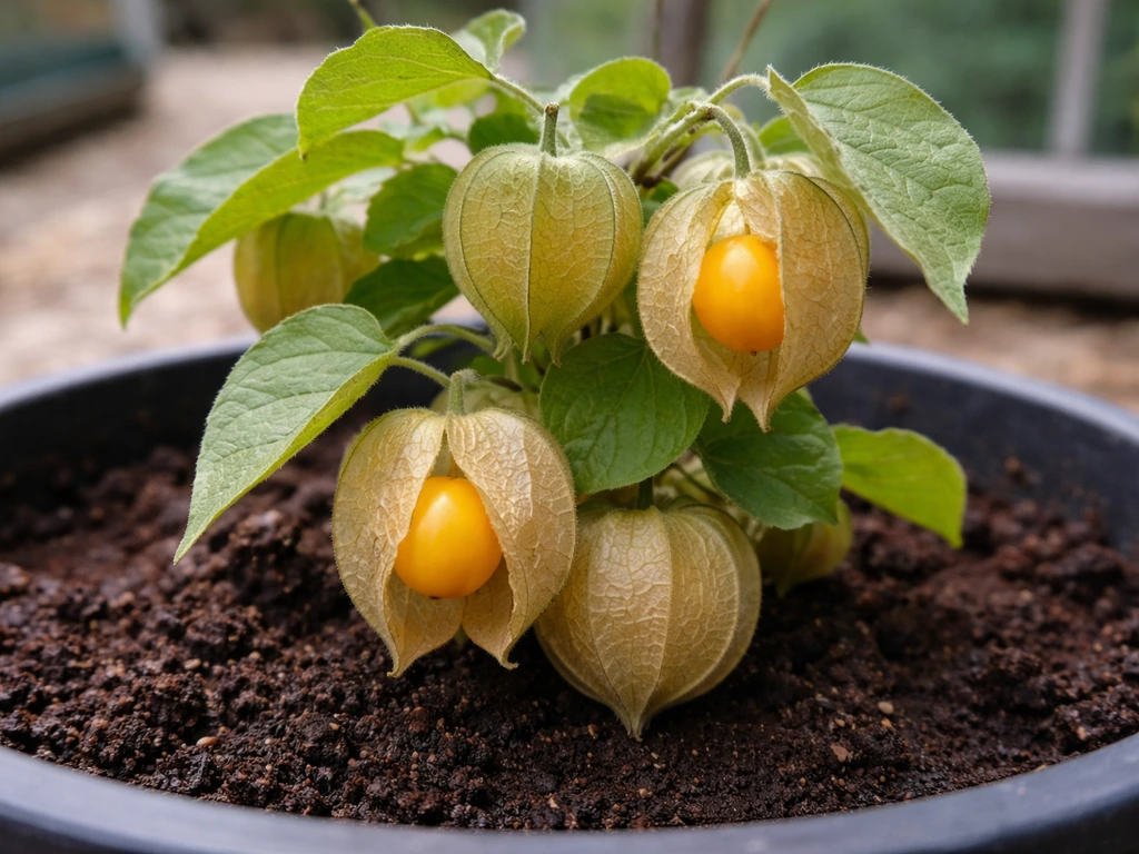 UK garden container with Cape gooseberry physalis plant showing lantern husks and ripening berries