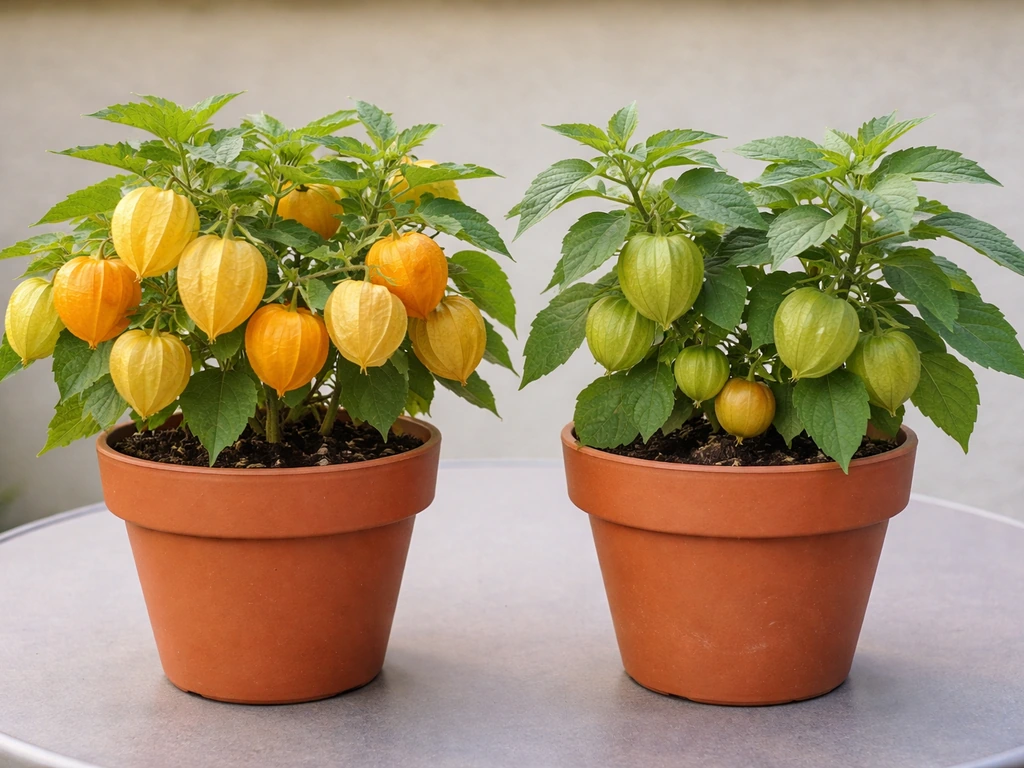Two potted physalis types side-by-side, Cape gooseberry with orange lantern husks and ground cherry with greener husks.