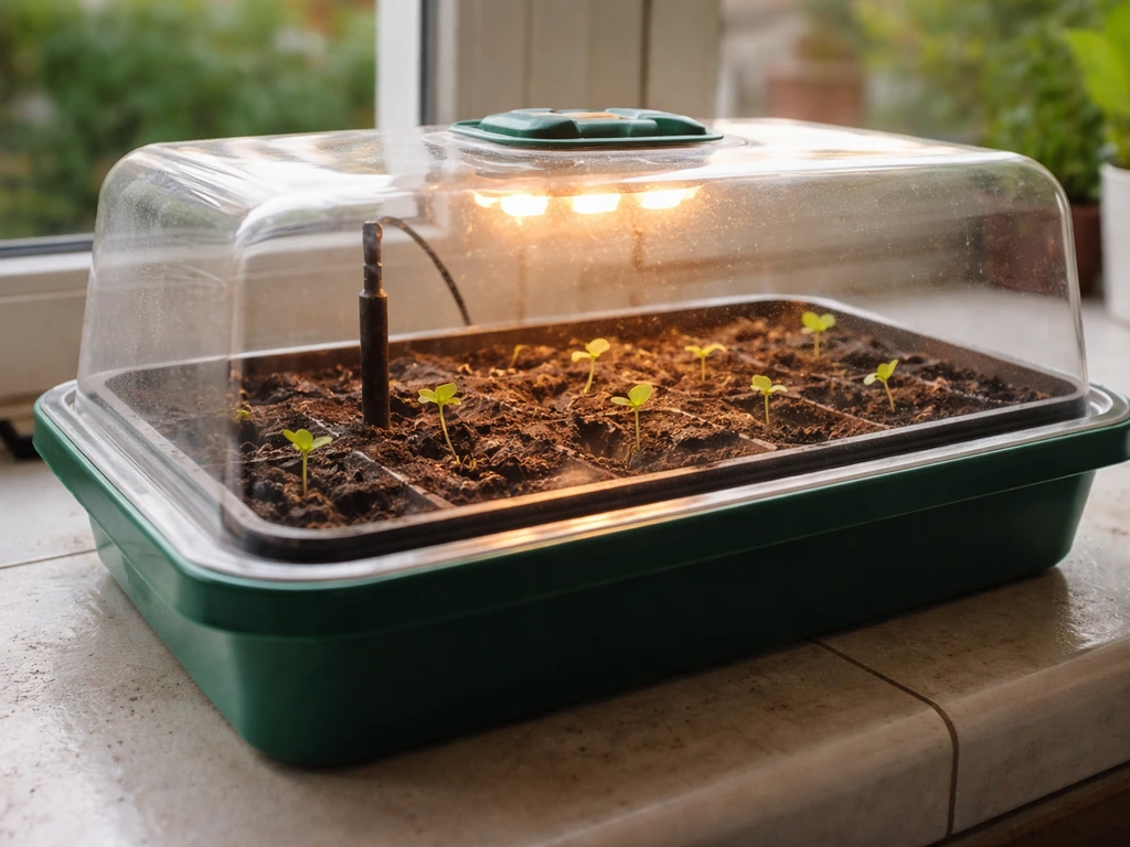 Early physalis seedlings in a heated propagator with a thermometer probe in a seed tray