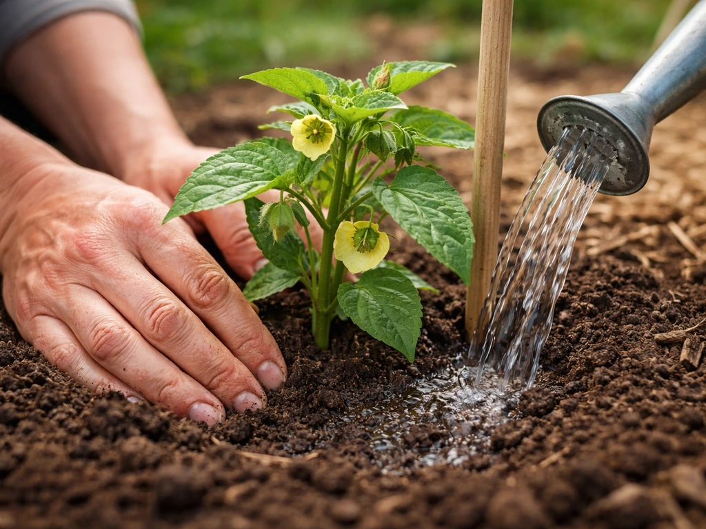 Gardener’s hands planting physalis in warm soil, then watering near a simple stake, with pollination-ready flowers.